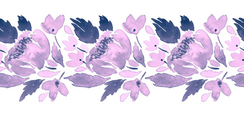 Fototapeta na wymiar Watercolor loose flowers. Seamless floral horizontal pattern in purple