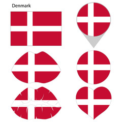 Flag of Denmark, set. Correct proportions, lips, imprint of kiss, map pointer, heart, icon. Abstract concept. Vector illustration on white background.