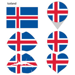 Flag of Iceland, set. Correct proportions, lips, imprint of kiss, map pointer, heart, icon. Abstract concept. Vector illustration on white background.