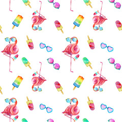 Summer flamingo in glasses with ice cream, seamless pattern