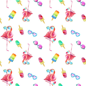 Summer flamingo in glasses with ice cream, seamless pattern
