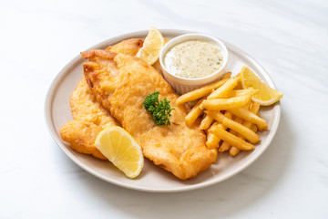 fish and chips with french fries - obrazy, fototapety, plakaty