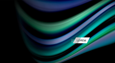 Fluid rainbow colors on black background, vector wave lines and swirls