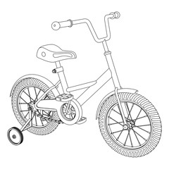 Детский велосипед со съемными тренировочными колесами, контурный векторный рисунок на белом фоне