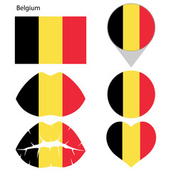 Flag of Belgium, set. Correct proportions, lips, imprint of kiss, map pointer, heart, icon. Abstract concept. Vector illustration on white background.