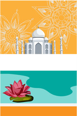 India background with Taj Mahal, Lotus flower and mandalas.