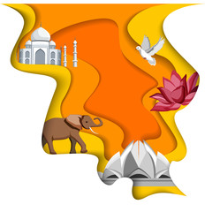 India background with Taj Mahal, Lotus Temple and elephant.