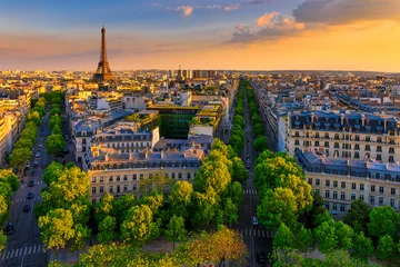 Poster Skyline van Parijs met de Eiffeltoren in Parijs, Frankrijk. Panoramisch uitzicht op de zonsondergang over Parijs © Ekaterina Belova