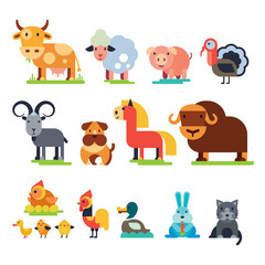 Obraz na płótnie Canvas Farm animals vector domestic farming characters cow and sheep, pig, turkey, dog, horse and cat farmer animals set illustration isolated on white background