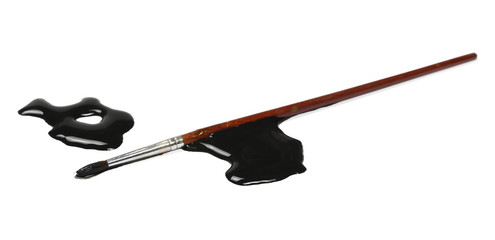 Spilled multicolored watercolor puddle and paintbrush isolated on white background, top view