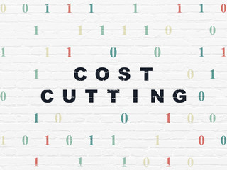 Finance concept: Painted black text Cost Cutting on White Brick wall background with Binary Code