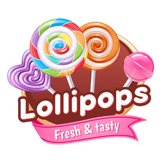 Lollipops candies colorful poster or badge.