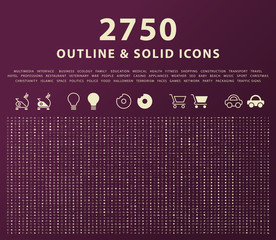 Set of 2750 Outline and Solid Icons on Dark Background . Vector Isolated Elements 