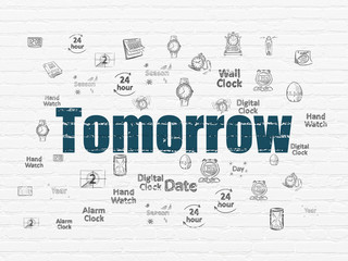 Timeline concept: Painted blue text Tomorrow on White Brick wall background with  Hand Drawing Time Icons