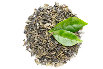 Green tea leaf isolated on white background.