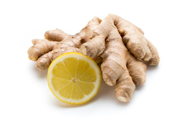 Ginger bio and lemon on white background.