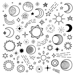 Set of doodle stars, sun, moon. © Minur