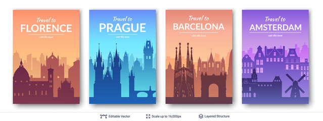 European famous city scapes set. - obrazy, fototapety, plakaty