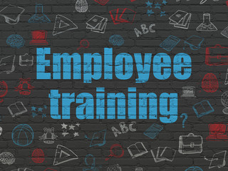Education concept: Painted blue text Employee Training on Black Brick wall background with  Hand Drawn Education Icons