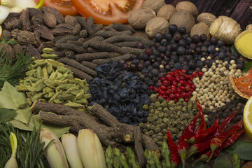 different spices background. top view