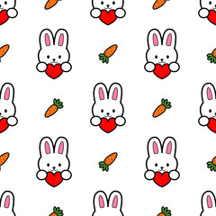 Seamless pattern of a rabbit with a carrot and heart. Transparent vector pattern.