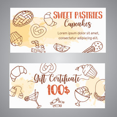 Pastry gift voucher. Bakery horizontal banners with pastries. Sweet pastry, cupcakes, dessert posters with chocolate cake, sweets Hand drawn sketch. Vector