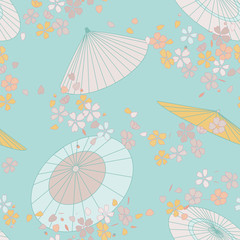 japanese traditional vector illustration sakura umbrella pattern. Bright, colored summer Asian traditional print. Falling petals, flowers flying.