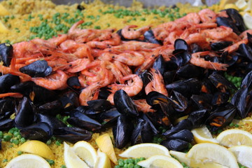 Large pan of seafood paella