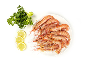 Overhead photo of plate of raw shrimps on white, with parsley and lemon, with copy space