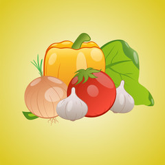 A set of fresh vegetables on a brightly red background