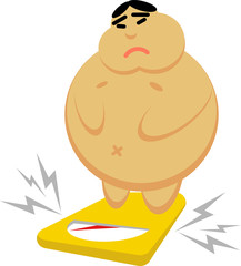 A sad fat Asian stands on the scales
