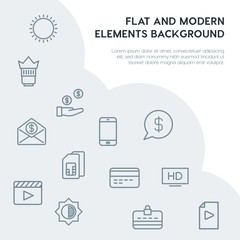 money, mobile, video, photos outline vector icons and elements background concept on grey background.Multipurpose use on websites, presentations, brochures and more