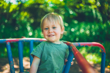 Smiling little boy on merry-go-round
