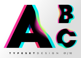 Vector Typeset Design. Neon Glitch Style. Black Bold Font, Double Exposure. Abstract Colorful Type for Creative Heading, Advertising Placard, Music Poster, Sale Banner. Trendy Neon Glowing Letters. - obrazy, fototapety, plakaty