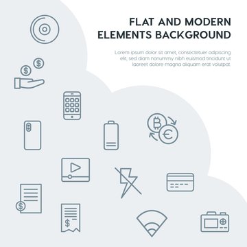 money, mobile, video, photos outline vector icons and elements background concept on grey background.Multipurpose use on websites, presentations, brochures and more