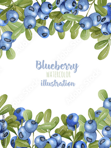 "Card template with watercolor blueberries branches, frame border ...