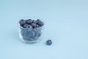 Blueberry in glass cup on blue background