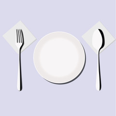 hand drawn spoon, fork, plate on a light background