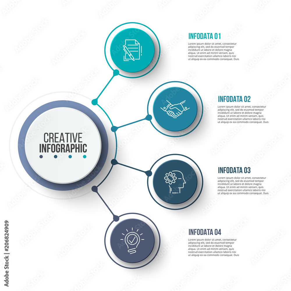 Poster Circle business graphic elements. Business process infographics with 4 steps, parts or options. Abstract presentation template. Modern vector infochart layout design.