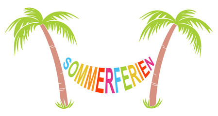 Zwei Palmen mit Hängematte „SOMMERFERIEN“ / Farbig / Flat Design