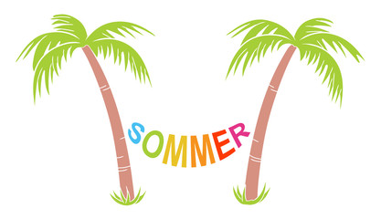 Zwei Palmen mit Hängematte „SOMMER“ / Farbig / Flat Design