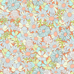 Floral seamless pattern with wild flowers. Illustration in vintage style for decoration fabrics, textiles, paper, wallpaper. chamomile, cornflower, cosme.