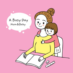 Cartoon cut busy day mom and daughter vector.