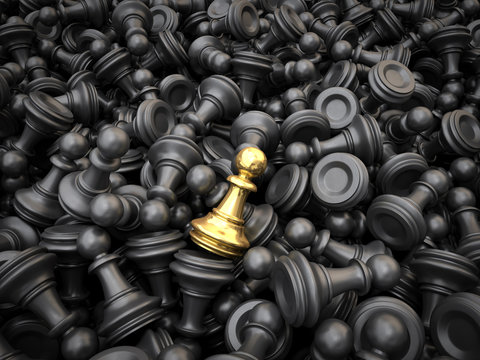 The Concept of Leadership and Individuality. Gold chess pawn on the background of the usual black chess.