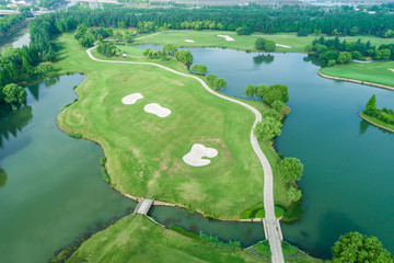 Aerial view of a beautiful green golf course