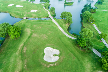Aerial view of a beautiful green golf course