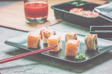 Set of salmon eel sushi rolls