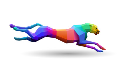 Colorful, fast running low poly cheetah, concept of speed, logo element, eps10 vector
