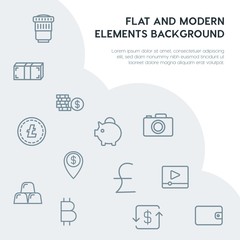 money, mobile, video, photos outline vector icons and elements background concept on grey background.Multipurpose use on websites, presentations, brochures and more