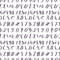 Calligraphic vector font seamless pattern background numbers ampersand and symbols hand drawn alphabet lettering